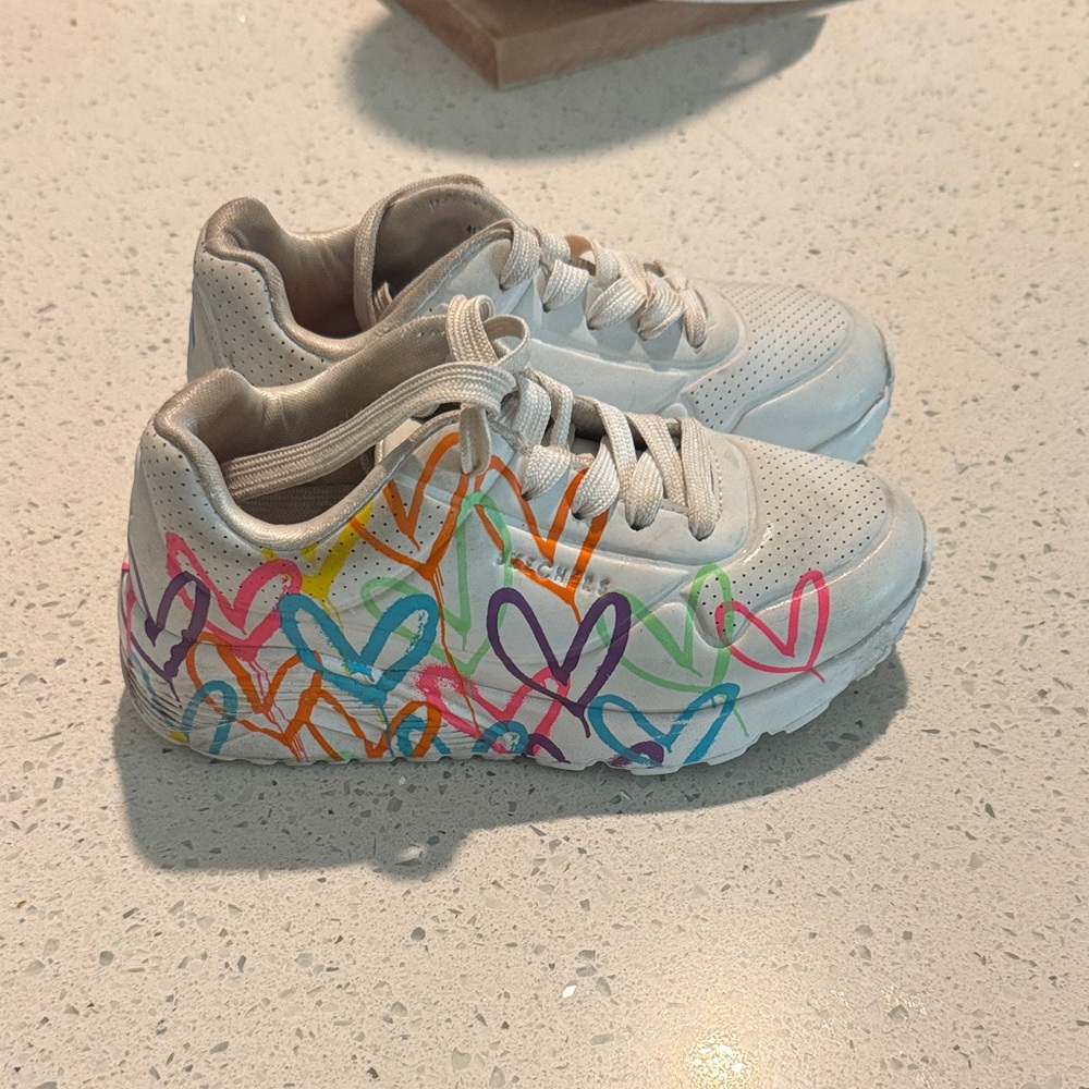 Skechers White Kids Sneakers with Colorful Heart Design